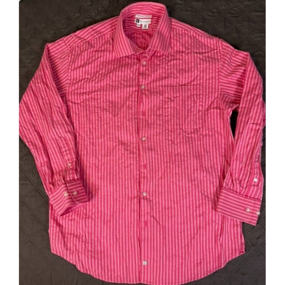 Bachrach Mens Long Sleeve Button Down Pink Stripe 100% Cotton‎ Size 17 1/2-34/35